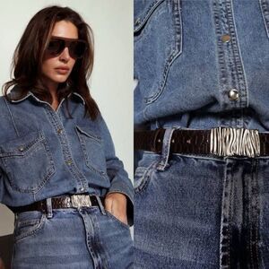 HEAVEN MAYHEM Size S Gaia Belt Brown Crocodile Embossed Leather Silver Buckle